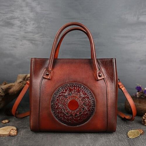 Retro Totem Women Bag 2021 New Large Capacity Genuine Leather Handbag Multi Compartment Nature Cowhide Shoulder Bags Sac A Main