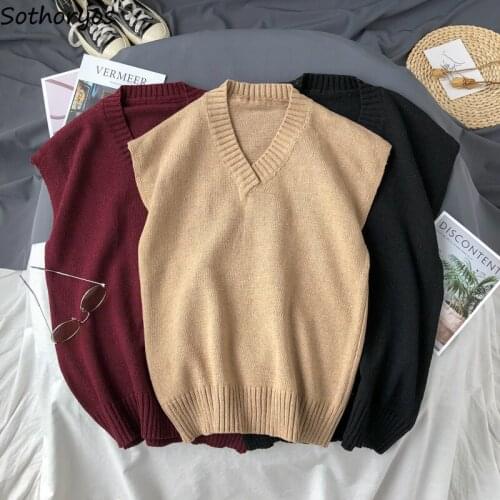 Women Sweater Vests Solid V-neck Simple Retro Fashionable Knitted All-match Loose Casual Streetwear Couples Unisex Teens Tender