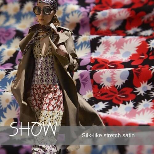 145 cm wide print stretch satin fabric meter fashion week printed fabric shirt dress handmade DIY fabric wholesale cloth