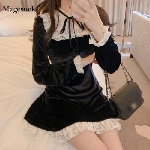 Spring Lace Splicing Woman Dress New Velvet Black Party Dress Girl Long Sleeve Lace Sexy Mini Dress Female Robe Vestidos 12261