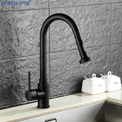 Pull Down Kitchen Sink Black Quartz Faucets Stream Shower Water Deck Mount Mixer Crane Hot Cold Flexible Swivel Taps Torneiras