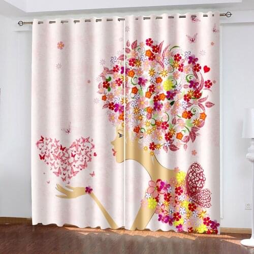 Romantic Flower Female Element 3D Printing Curtain Bedroom Living Room Curtain Shade Custom Curtain Suit with Hook Accessories