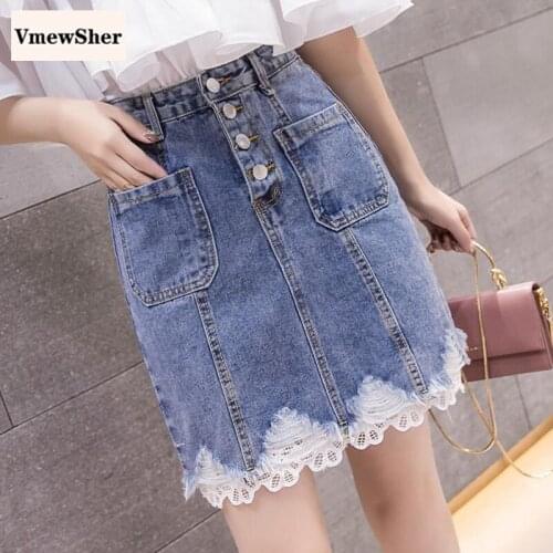 VmewSher New Spring Summer Women Denim Skirt High Waist Lace Splice Hem Ladies Elegant Mini Jean Skirts Single Breasted Pockets