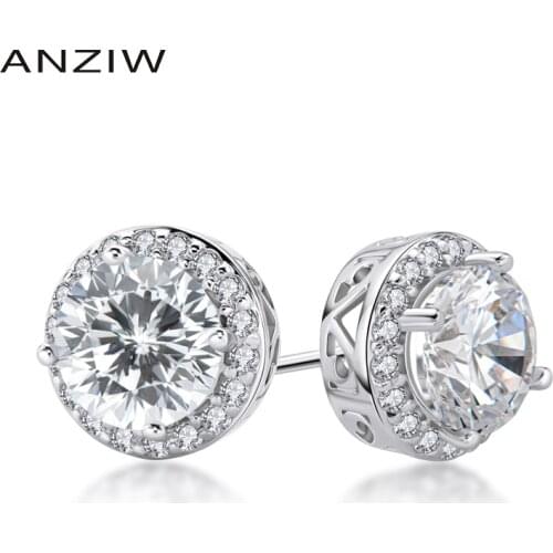 ANZIW Fashion Round Halo 1 Pair Wholesale Stud Earrings 925 Sterling Silver Women Engagement Anniversary SONA Jewelry серьги гво