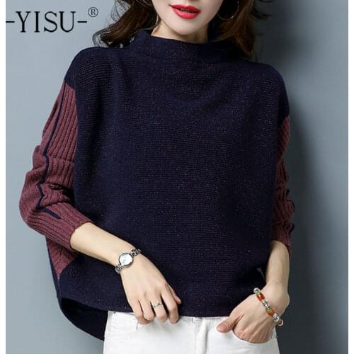 YISU Women Winter Sweater Half turtleneck Stitching color Jumper Bat sleeve Long sleeve Winter tops Loose Knitted pullover
