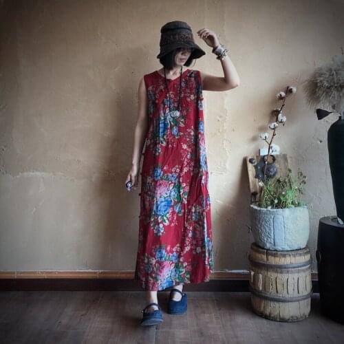 Women Loose Cotton Printed V Neck Tank Dress Ladies Vintage Print Sleeveless Dress Female 2020 Summer Dress