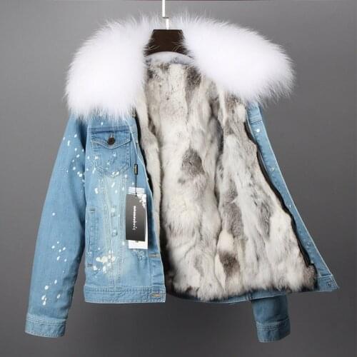 Winter Women 2021 Natural fox fur big fur collar Coat Denim loose fashion Fur detachable Rabbit lining Parka Leather Jacket