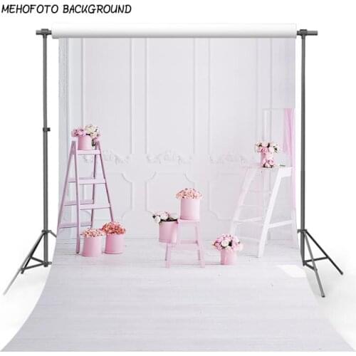 150x220cm White Wall Photography Backgrounds Pink Flowers with Wood Ladder Photography Backdrop Newborn Baby Shower Pictures
