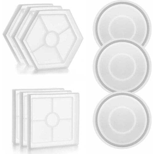9Pcs Silicone Round Square Hexagon Coaster Resin Casting Molds Kit Resin Coaster Tea Mat Mold Agate Coaster Molds Crafts