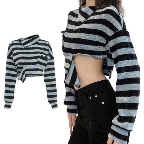 Y2K Asymmetrical Outfits Women Sping Streetwear Hollow Out Crop Top Ladies Long Sleeve Strech Irregular Vintage Casual Tops