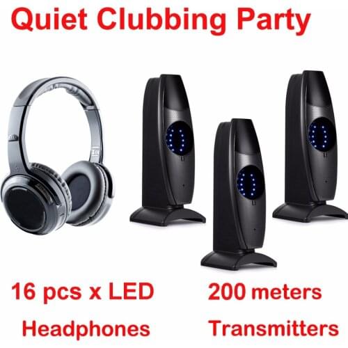 Silent Disco complete system black led wireless headphones - Quiet Clubbing Party Bundle (16 Headphones + 3 Transmitters)