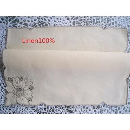 Beige Handmade Handkerchief Linen Vintage Thick Ladies Hollowed Embroidered Flower Hankies Shantou 28cm Kids Mocket