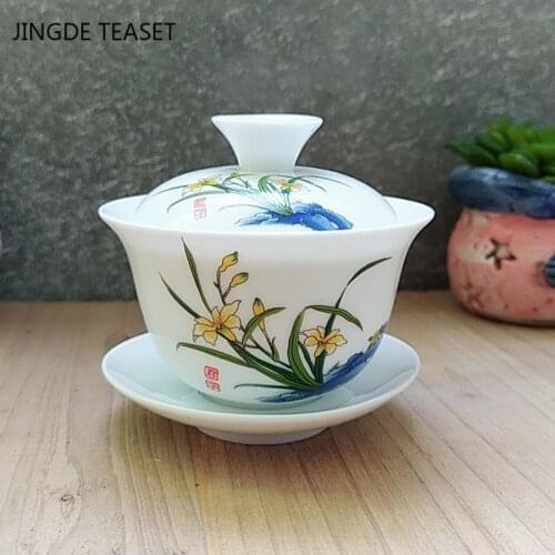 Dehua Ceramic Tea Gaiwan Teacup Handmade Tea tureen Chinese White porcelain Tea set Accessories Tea Ceremony Master cup 110ml