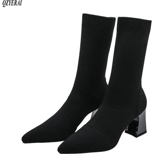 Stretch Knitting ankle sock boots fashion women pointed toe slip on winter party shoes sexy strange high heels fashion boots