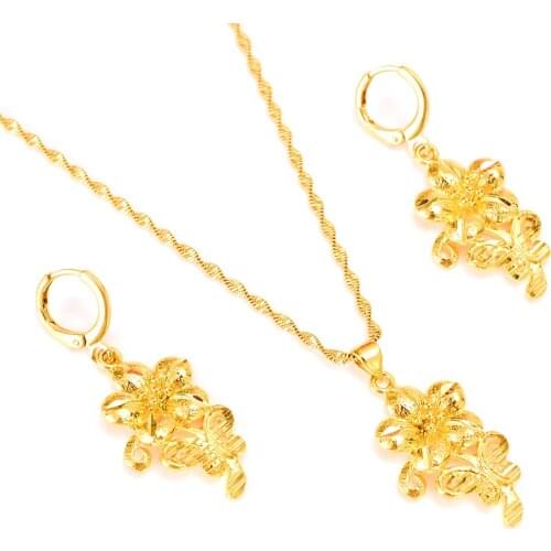 Beautiful Gold vintage Flower Jewelry set for women Pendant Chain Earrings Bride Wedding Bijoux birthday anniversarygift girls