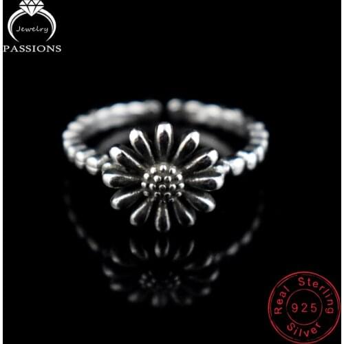 LYNNE Jewelry Antique 925 Sterling Silver Sunflower Open Resizable Rings Hot Sale Vintage Styles Daisy Ring Women Gift Wholesale