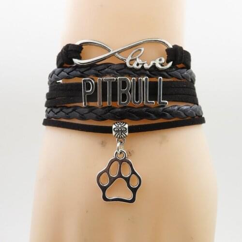 Fashion love pitbull bracelet dog paw charm pitbull dog black leather bracelets pitbull bangles