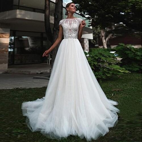 Fashionable Tulle Jewel Neckline A-line Wedding Dress With Lace Appliques Simple Style Bridal Dress vestido noiva princesa