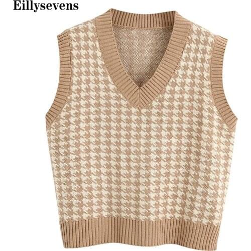 Fashion Womens Casual V-Neck Houndstooth Printed Knitted Pullover Sleeveless Sweater Vest Vintage Loose Waistcoat Chic Tops#g3