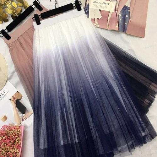 New Midi Long Tulle Skirt Womens Spring Summer Elegant Gradient Pleated Skirts Korean High Waist A-line Sun School Skirt Female