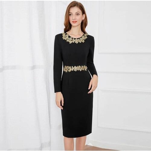 MIUXIMAO 2021 New Autumn Womens Clothing O-Neck Appliques Long Sleeve Slim Waist Dress Elegant Fashion Office Style