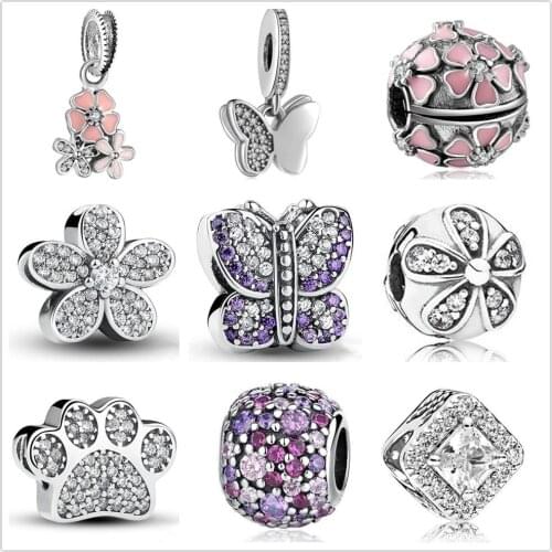 2020 Newst pink Daisy Flower Butterfly Charm Bead fit Original Pandora charms silver 925 Bracelet Pulsera DIY Women Berloque
