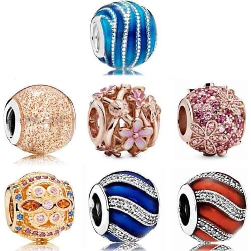 Original Daisy Flower Ball With Crystal Blue Enamel Swirls And Beaded Bead Charms Fit Pandora Bracelet 925 Sterling Silver Bead