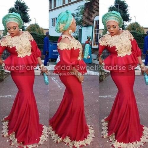 Dubai Arabic Women Red Prom Dresses With Gold Appliques 3/4 Long Sleeves 2021 Mermaid Evening Dress Party Vestido De Festa