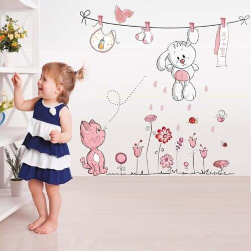 Pink Cartoon Cat Rabbit Flower Wall Sticker For Baby Girls Kids Rooms Home Decor Teddy Bear Umbrella Classroom Wall Decals