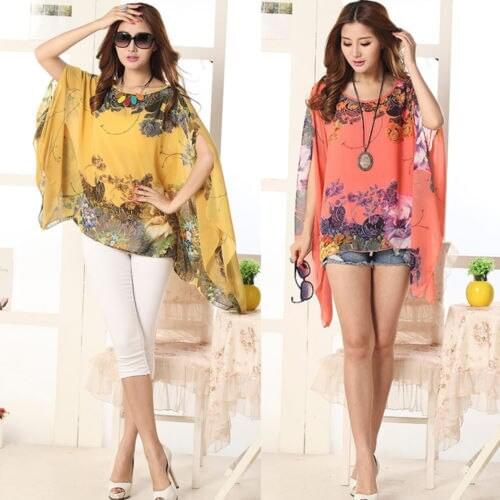 UK Women Soft Chiffo Blouse Long Flare Sleeve shirts Loose Floral Shirt Tops