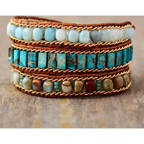 Handmade Multi Strand Leather Wrap Bracelet Vintage Natural Stone Weaving Wristband Cuff Bracelet Bohemian Jewelry