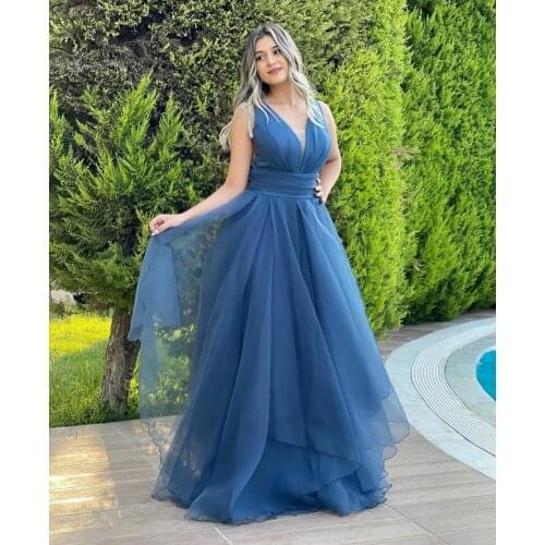 Sexy Long V-Neck Bodycon Blue Evening Dresses A-Line Tulle Abendkleid Formal Party Gown for Women