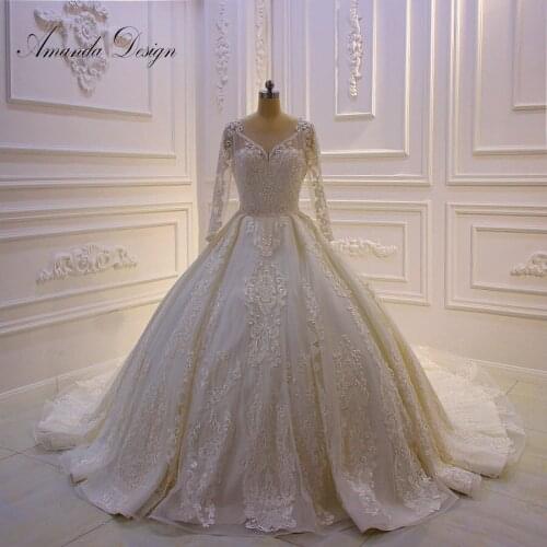 Amanda Design abito da sposa Long Sleeve Lace Appliques Beading Low Back Wedding Dress