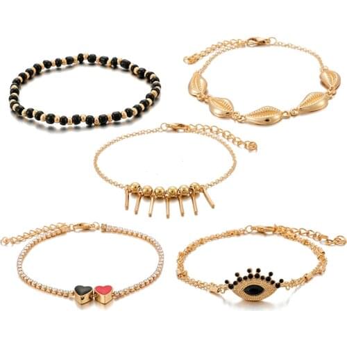 Tocona 5Pcs/set Fashion Gold Color Shell Tassel Anklet for Women Layered Hearts Pendant Eye Anklet on the Leg Jewelry 9546