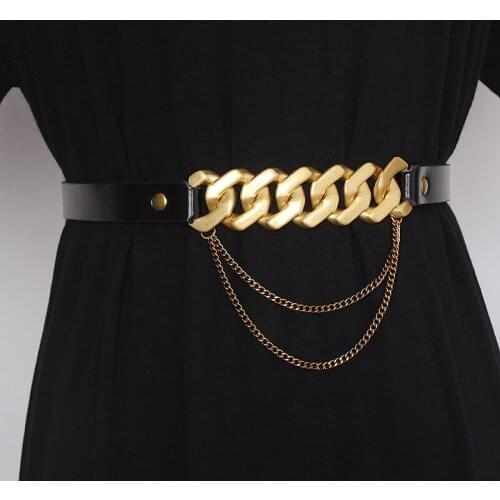 Vintage Cow Leather Waist Belt with Chain Punk Style Femme Cinturon Genuine Cowhide Slim Belt Jean Pant Strap Corset Waist Chain