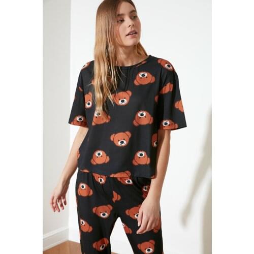 Womens Anthracite Teddy Bear Printed Knitted Pajamas Set Autumn Short-Sleeve Sleep Wear Two-Piece Set Casual Home Clothing Soft 2021 New Sleepwear Cute Comfy