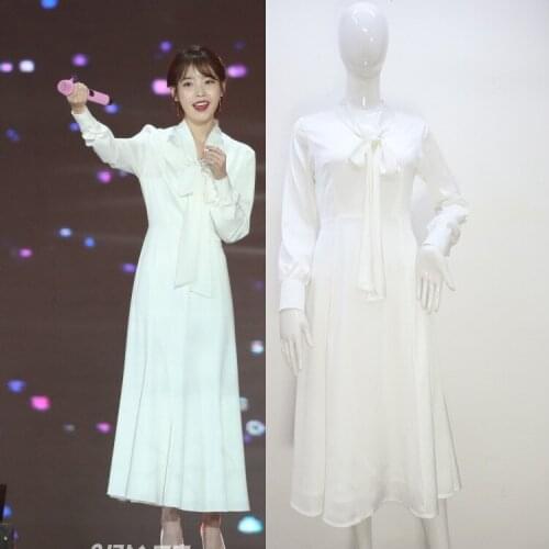 Kpop IU Lee Ji Eun Office Lady White Bow-knot elegant dress Women Dress Autumn new temperament Long Sleeve A Line Party Dresses