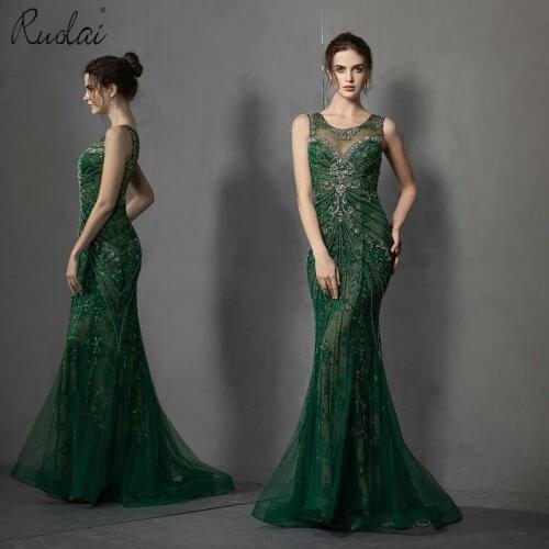 Luxury Beading Green Mermaid Evening Dress for Ladies Sexy O-Neck Sweep Floor Trumpet Long Party Gown
