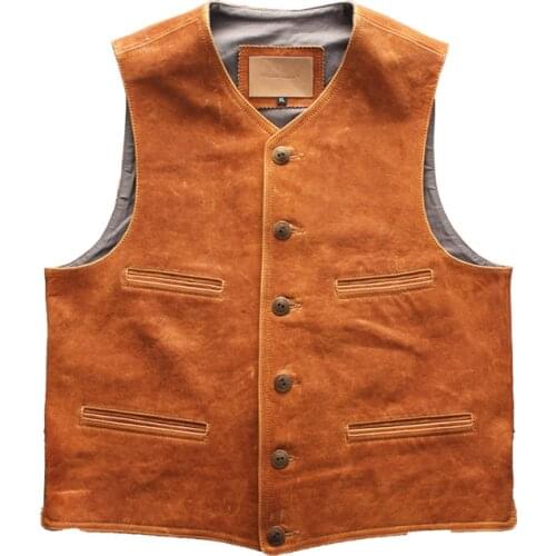 Genuine Leather Vest Mens Sheepskin Real Leather Vintage Sleeveless Jacket Single Breasted Casual Classic retro Waistcoat