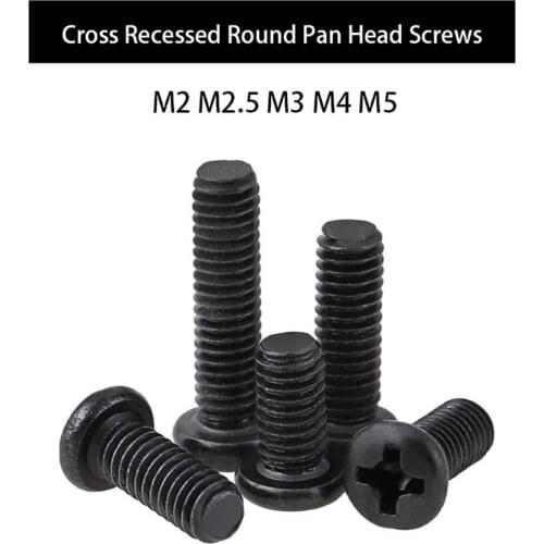 100pcs M2 M2.5 M3 M4 Black Zinc Plated Cross Recessed Round Pan Head Pm Screws Phillips Screws