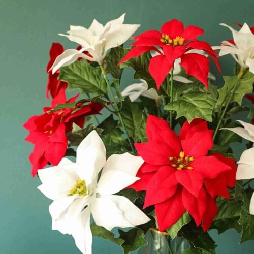 2 Heads Real Touch Cloth Christmas Flowers 1 Branch Artificial Christmas flowers Red Poinsettia vase photography props Ornaments