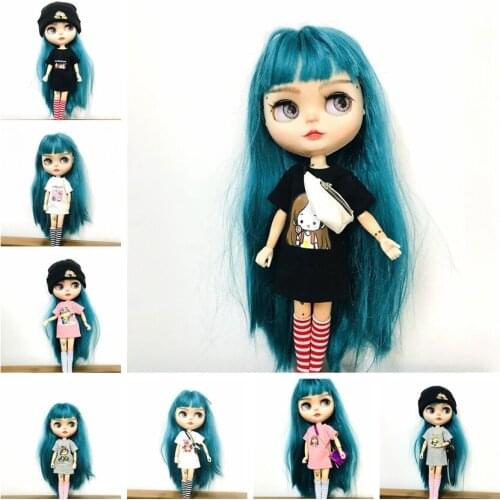 2PCS/Set New Blyth clothes Style Shirt Cute Cartoon Short T-shirt + Knee-High Stripe Socks for 1/6 Licca Momoko Dolls Accessorie