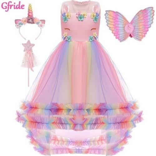 2021 Princess Girls Rainbow Unicorn Pony Costume Dress Headband Wings Kids Birthday Party Gown Elegant Piano Performance Dresses