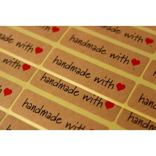 600pcs Handmade with love&red Heart Brown Kraft Labels Seal Box Envelope Gift Wrapping Baking Wedding Christmas Party Deco