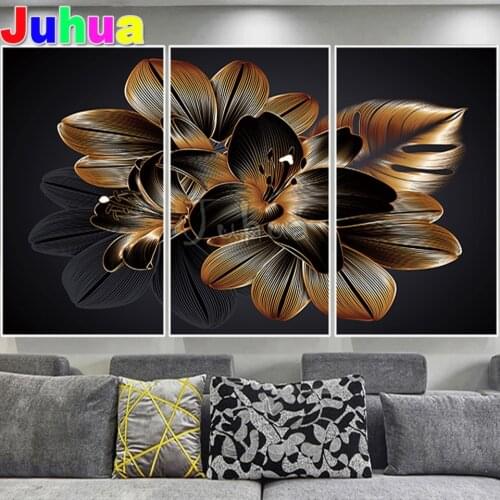 Full Square Round Drill Diamond Embroidery Golden Lily Flowers 5D Diy Diamond Painting Mosaic Abstract art Triptych Home Decor