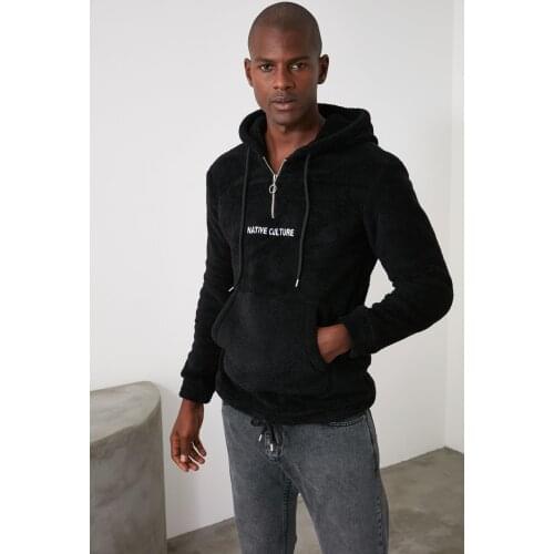 Black Male Half Zipper Plush Kangaroo Pocket Hooded Embroidered Sweatshirts autumn/winter male Womens plush