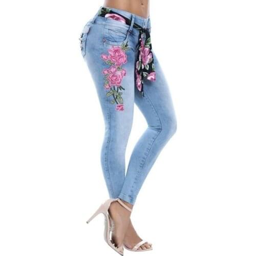 Plus Size Jeans Denim Pants Women Sexy Floral Embroidery High Waist all match lady sports flower Skinny Jeans Denim Long Pants