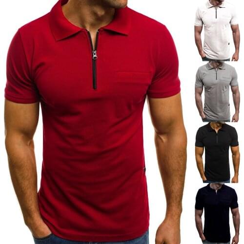 3XL Summer Solid Color Men Patch Pocket Zipper Turn Down Collar Short Sleeve T-Shirt Male Top Clothing Men Dropshipping