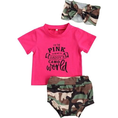 2021-03-10 Lioraitiin 0-24M 3 Pieces Kids Girl Suit Letter Print Round Neck Short Sleeve Tops Camou Print Shorts Summer Set