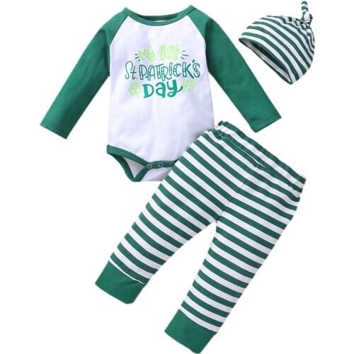 St. Patricks Day Baby Toddler Outfits Letters Printed Baby Boys Girls Clothes Set Letters Bodysuit Pants Hat 3pcs Clothes Sets